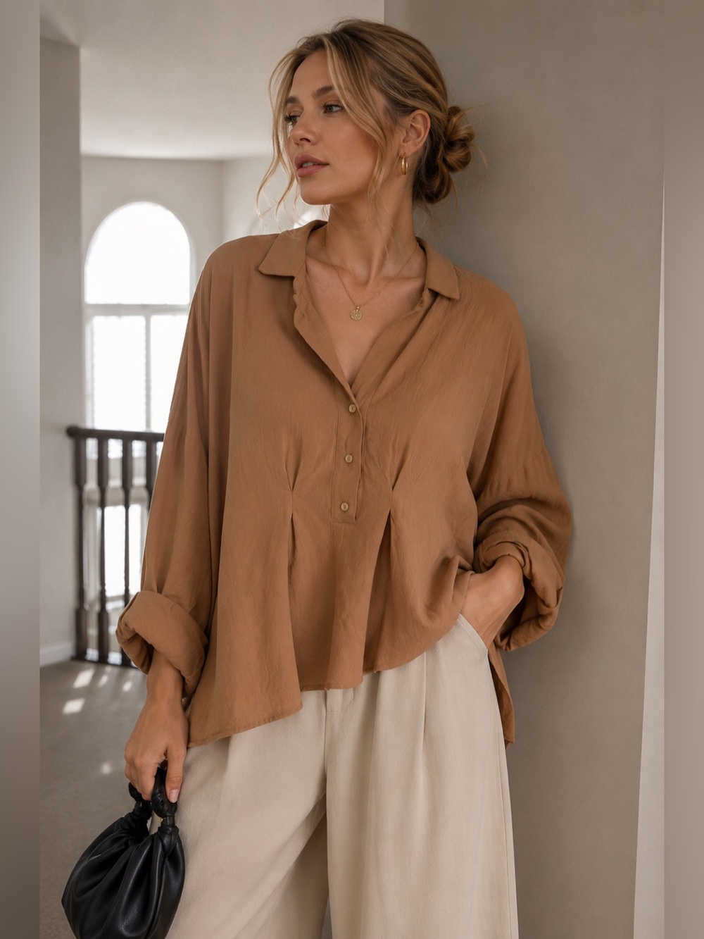 Workhall Oversized Tan Tunic Blouse Size L | Caramel Draped Button-Up Shirt